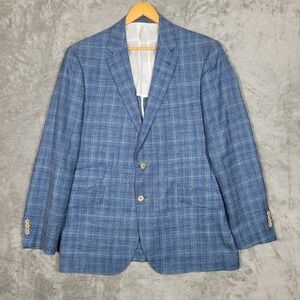 WILLIAMS & KENT Mens 44L Blue Plaid Wool Silk Linen Sport Coat Blazer Jacket